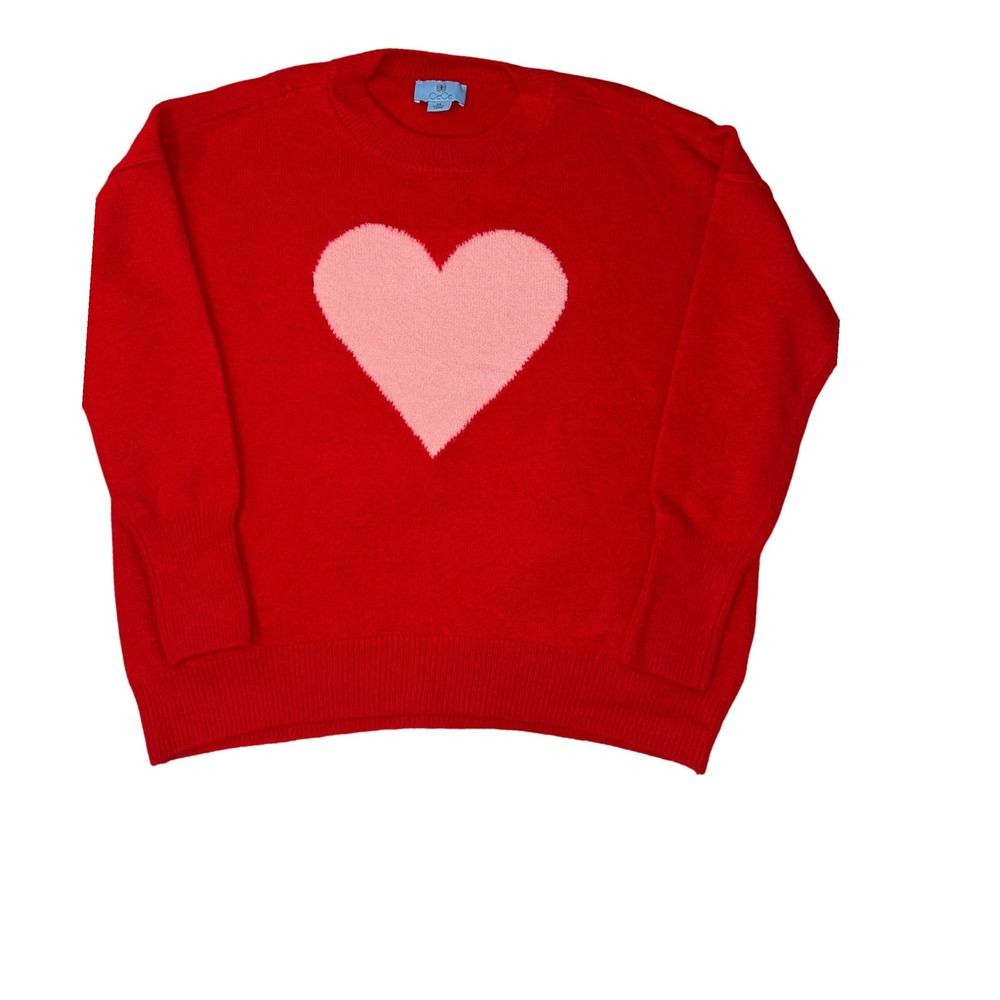 CeCe Womens Red Pink Heart Intarsia Knit Crewneck Sweater‎ XS Pullover